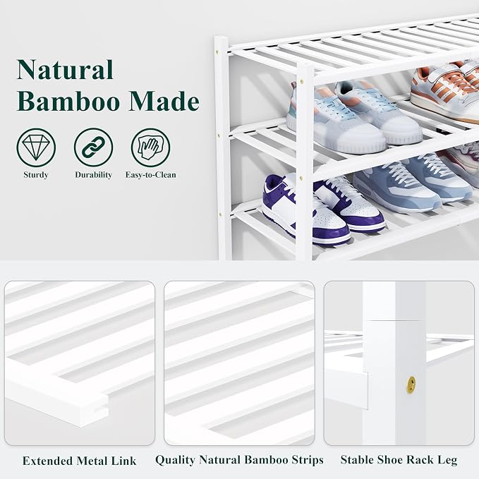 Smiry Bamboo Shoe Rack, 3 Tier Free Standing Wooden Shoe Organizer, Stackable Wood Shoe Storage Shelf for Closet, Entryway, 14 Vertical Slats, 2+1 Stack Heavy-Duty Legs, 26.8"x11"x19.5", White
