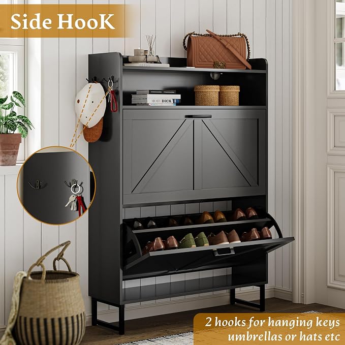 Wodeer Shoe Storage Cabinet with 2 Flip Drawers, Narrow Wood Shoe Cabinet Storage for Entryway with Metal Legs & Hooks, Adjustable Shelves, Freestanding Shoe Rack Organizer for Foyer, Hallway, Black