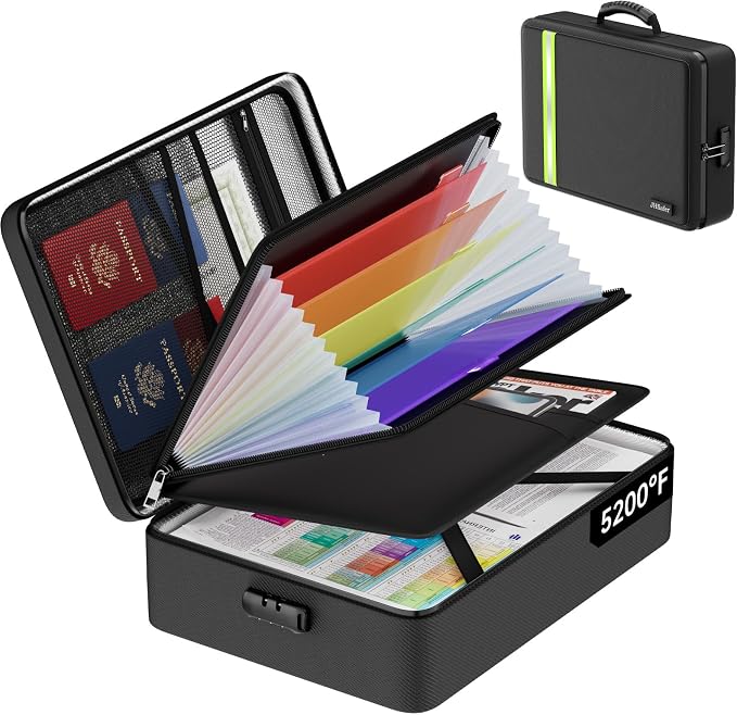 JHSafer Fireproof Document Bag with Lock for Letter/A4 Files, Soft | 5200°F Important Document Organizer with 7 Colorful Pockets, Insulated Portable Safe Storage for Home Travel Office