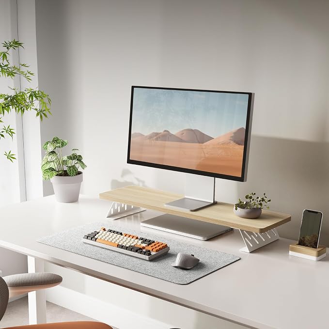 Fenge Monitor Stand Riser, 31.5 Inch Desk Top Shelf for 2 Monitors, Computer Stands for Desk, Wood & Steel Desktop Riser for Laptop, PC, Printer