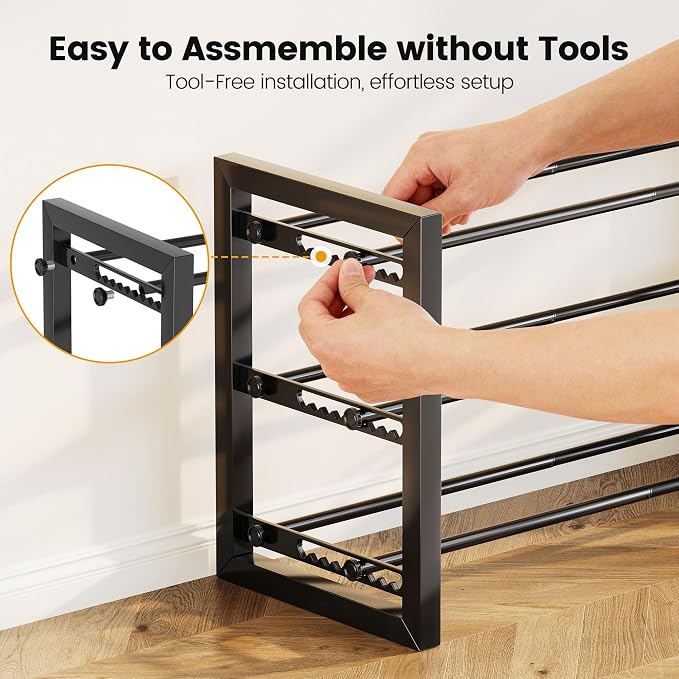 Homeiju Expandable Shoe Rack, 2 Tier Metal Shoe Shelf, Adjustable Shoe Stand for Sneakers, Boots, Heels, Heavy-Duty Steel Standing Shoe Organizer for Entryway, Closet, Bedroom, Black