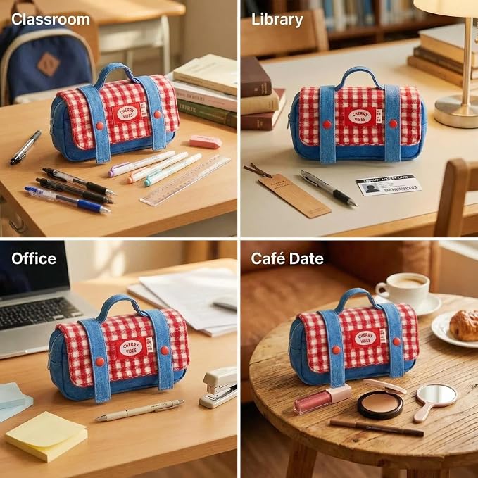 Cute Checkered Pencil Case, Red White Plaid with Denim Patchwork, Large Capacity Gingham Pattern Pen Bag with Handle, Big Stationery Organizer, Multi-Use Storage Pouch, 8.7x1.6x4.7 Inches, Blue