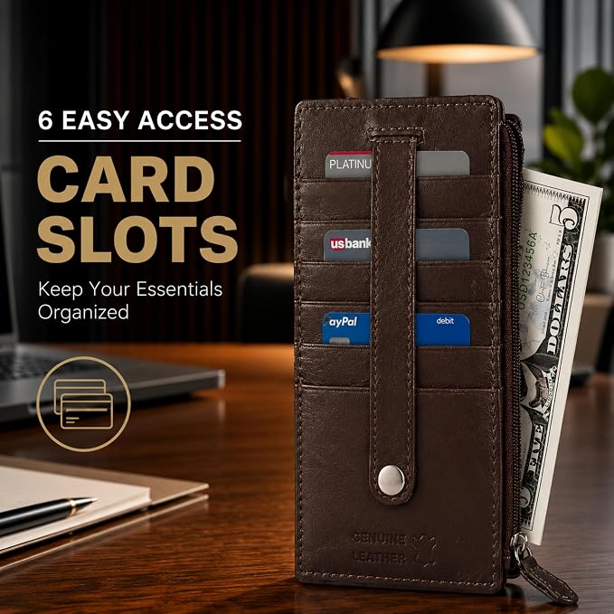 Leatherboss Genuine Leather Women's All in One Credit Business Card Case Holder Slim Zipper Wallet With a Card Protection Strap, Brown
