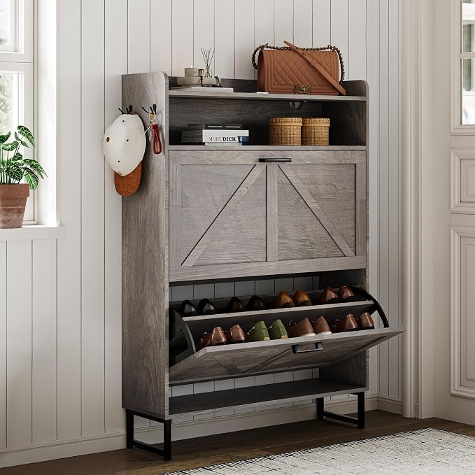 Wodeer Shoe Storage Cabinet with 2 Flip Drawers, Narrow Wood Shoe Cabinet Storage for Entryway with Metal Legs & Hooks, Adjustable Shelves, Freestanding Shoe Rack Organizer for Foyer, Hallway, Grey