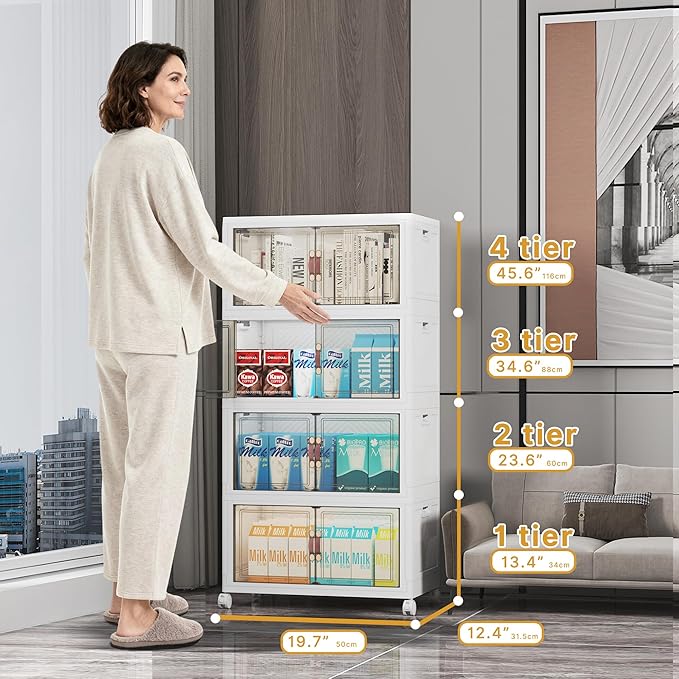 UAMFURI Stackable Storage Bins with Lids, Extra Large Plastic Organizer Cabinet Drawers, 384QT Collapsible Closet Containers with Doors and Wheels,For Bedroom, Kitchen, Office, Garage,(8Pack Cube)