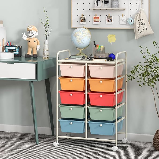 COSTWAY 10 Drawer Rolling Storage Cart, Utility Cart with Lockable Wheels | Mobile Art Supply Craft Organizer with Metal Frame, Multipurpose Drawer Cart for Paper for Office, School, Macaron