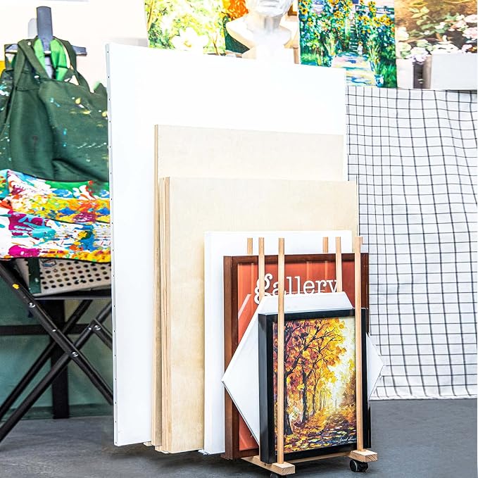 Large Art Drying Rack with Four Caster Wheels, Wooden Canvas Storage Stand | Can Well Hold Up to 60" Drawing Boards, Prints, Panels, Paintings, and Artworks Display