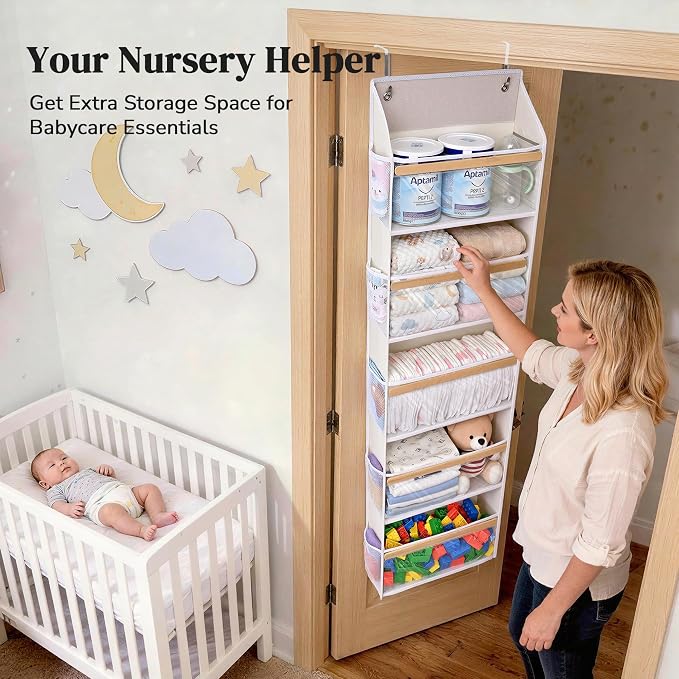 5 Tiers Natural Bamboo Over Door Organizer with 10 Mesh Side Pockets, 50 lbs Weight Capacity Hanging Storage Organizer with Clear Window Kids Toys, Shoes, Diapers, Warm Beige,2 Pack