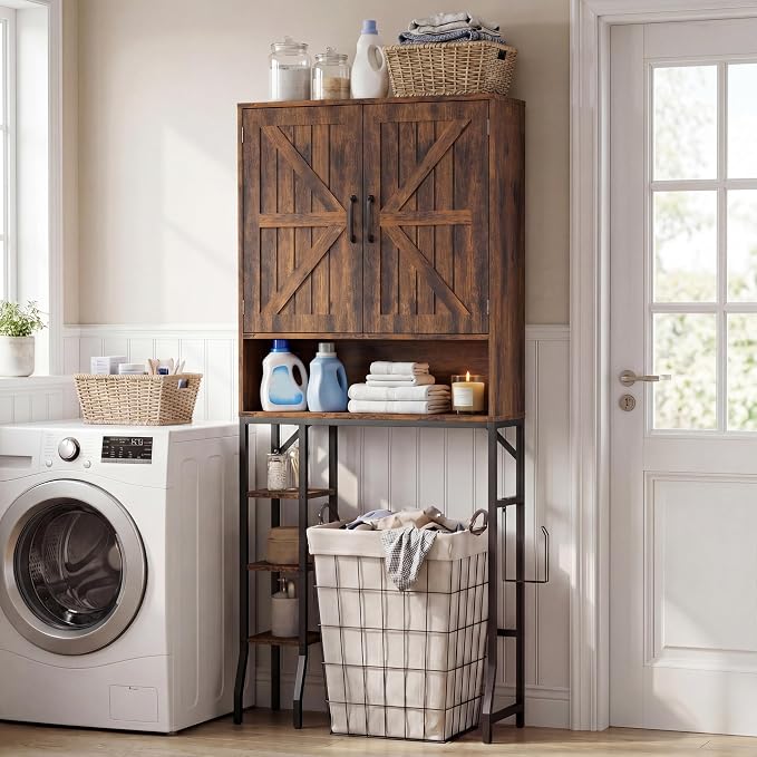 31" Over The Toilet Storage Cabinet with Barn Door,Bathroom Organizers and Storage with Adjustable Shelves, Farmhouse Over Toilet Organizer for Bathroom,Restroom,Laundry,Brown