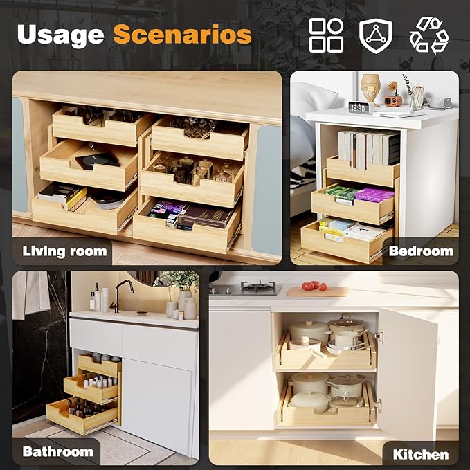 Pull Out Cabinet Organizer, 26''W×21''D Sliding Drawers for Cabinets, Soft Close Slide Out Wooden Pull out Drawers, Base Cabinet Organization for Kitchen, Pantry, Bathroom