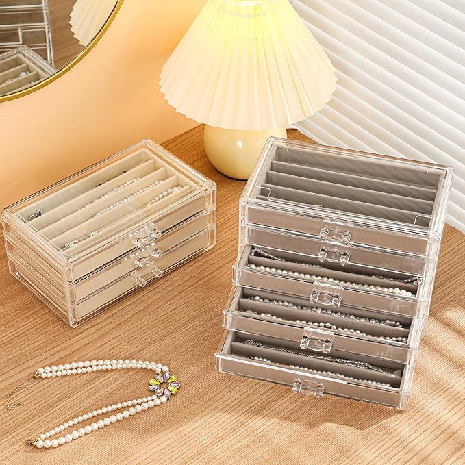 5 Drawerss Necklace Organizer Box, Tray with Clear Lid, Dustproof Velvet Necklaces Holder Storage Display Case, Gery Necklace Tray Drawer Insert for Pendant Suitable for Women and Girls (25 grids)
