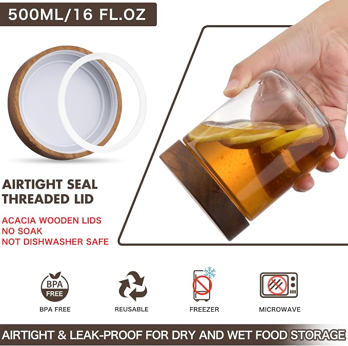 Danmu 16 oz Overnight Oats Containers with Lids,Glass Jars with Lids 4 Pack | Wooden Lid,Mason Jars for Overnight Oats,Meal Prep,Yogurt,Leak-proof,Dishwasher Safe(remove lids),Fridge Safe,Portable