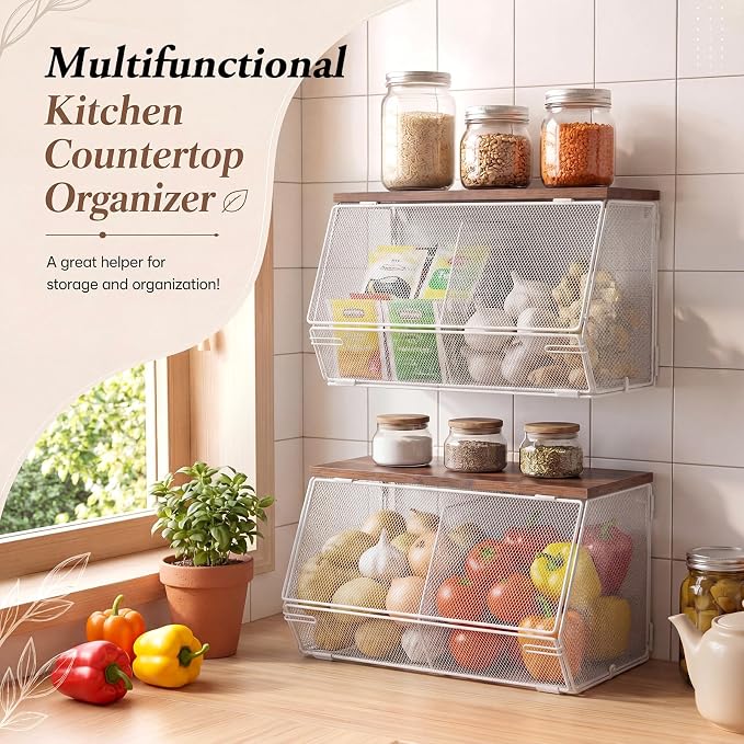 Teenyyou 2 Pcs Stackable Mesh Fruit Basket with Lid Wall Produce Vegetable Storage Basket Onion Potato Hanging Metal Wire Container for Kitchen Counter Pantry (Divided,White,8.3"w & 13.8"L)