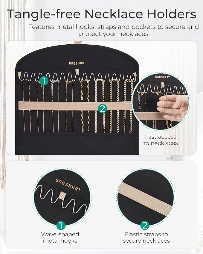 BAGSMART Hanging Jewelry Organizer Claw Clip Necklace Holder Roll for Hair Ties, Headbands, Clips, Earrings, Necklaces, Glasses Double-Sided on Closet, Wall, Door, 1 piece, Large-Black