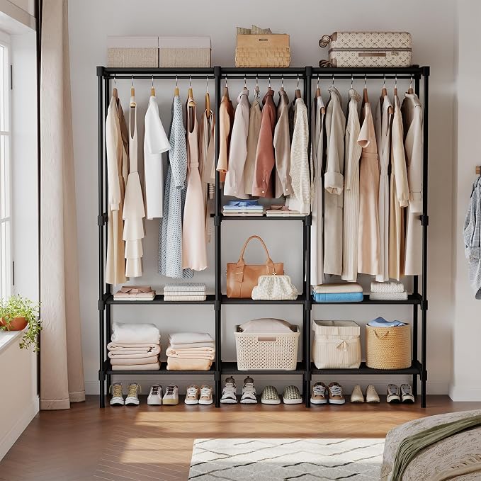OLIXIS Heavy Duty Clothes Rack, Portable Wardrobe Closet, 75" L, Black | Freestanding Closet Organizer with Hanging Rods, Clothes Rack with Shelves, for Cloakroom, Bedroom