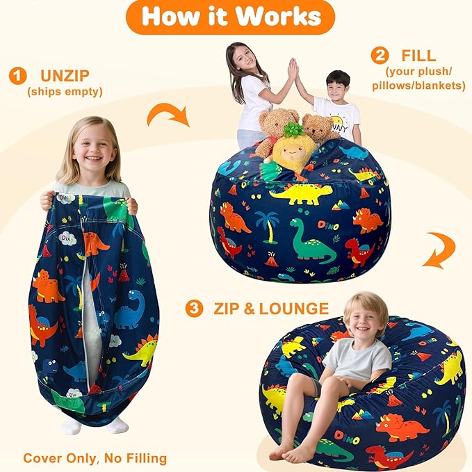 Lukeight Dinosaur Stuffed Animals Storage Bean Bag Chair Cover Only (Ships Empty, No Filling) - Velvet YKK Zipper Beanbag Cover for Teens Adults, Washable Plush Toy Organizer, XXX-Large 42" D x 23" H