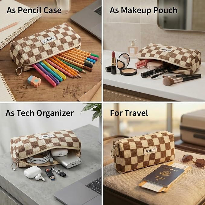 Soft Corduroy Pencil Case Pen Pouch Organizer, Small Stationery Bag | Cute brown checkerboard pouch, smooth zipper, daily cosmetics holder, compact organizer for school teen girls, women