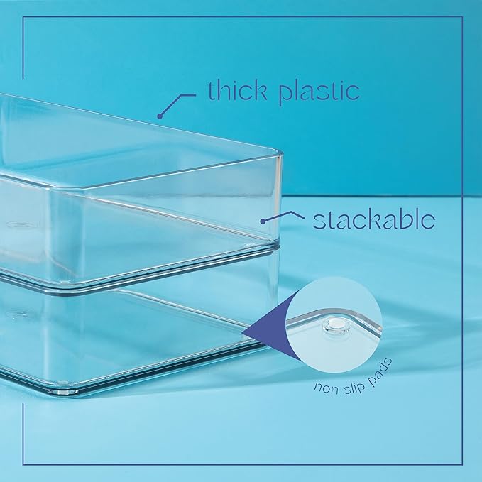 primebox Plastic Clear Drawer Organizers. Bathroom, Kitchen, Bedroom, Makeup, Office Organizer Bins, Storage Trays. Heavy Duty, Stackable. 6" x 6" x 2" Set of 6