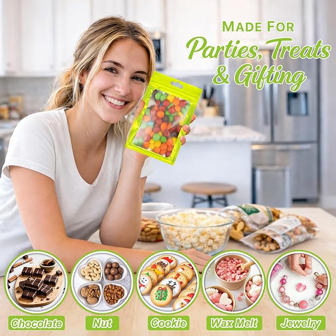 100 PCS Resealable Mylar Bags with Zipper and Frosted Clear Window Smell Proof Bag Packaging Bags Foil Pouch Zipper Bag for Food Self Sealing Storage Supplies (Green, 6.29x9.44)