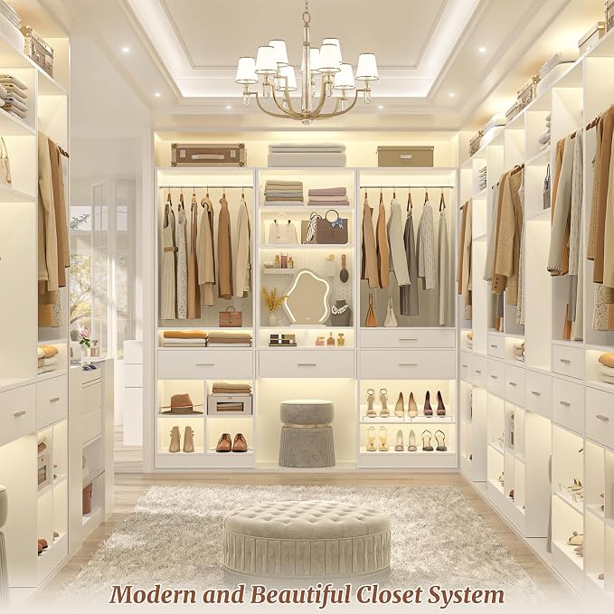 Unikito 25” W x 80'' H Closet Organizer Storage with Hanging Rod and 2 Wooden Drawer, Adjustable Angled Shoes Rack, Sturdy Garment Racks, Walk-in Closet Tower for Bedroom, Mudroom, and Entryway, White