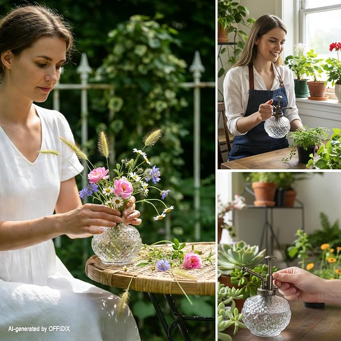 OFFIDIX Plant Mister, 300ML Vintage Glass Spray Bottle with Plastic Top Pump, Small Decorative Spritzer Watering Can for Indoor Outdoor House Plants (Clear)