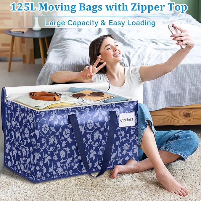 HomeHacks Moving Bags, Extra Large Size Moving Boxes, Heavy Duty Luggage Bags with Smooth Zipper and Sturdy Handles, Large Capacity & Easy Loading Storage Totes for Space Saver 125L, 4-Pack, Blue