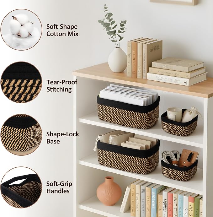 5-Pack Small Woven Rope Storage Baskets, 2 Sizes Organizer Bins | Fabric Cube Boxes and Rectangular Shallow Bins for Closet, Shelf, Bookshelf, Nursery, Changing Table, Bathroom, Toys & Home