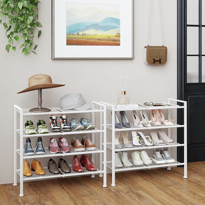 4-Tier Shoe Rack,Metal White Shoe Storage | Organizer Shelf for Closet,Entryway,Hallway,Dorm (White, 4 Tier)