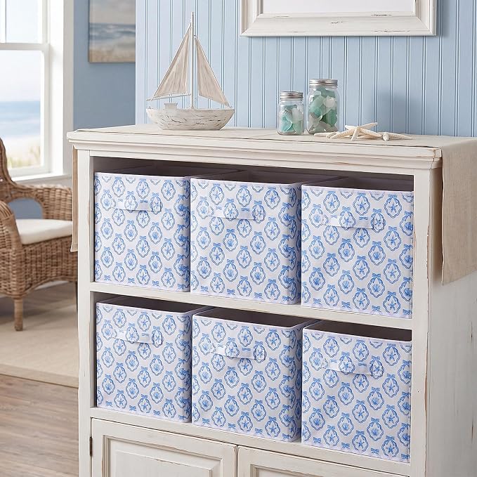 Geelin 6 Pcs Blue Bow Seashell Storage Bins 11 Inch Summer Beach Storage Basket with Handle, Coastal Organizer Basket, Ocean Collapsible Fabric Box for Classroom Bedrooms Office Home Decoration Gift