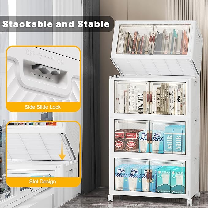UAMFURI Stackable Storage Bins with Lids, Extra Large Plastic Organizer Cabinet Drawers, 384QT Collapsible Closet Containers with Doors and Wheels,For Bedroom, Kitchen, Office, Garage,(8Pack Cube)