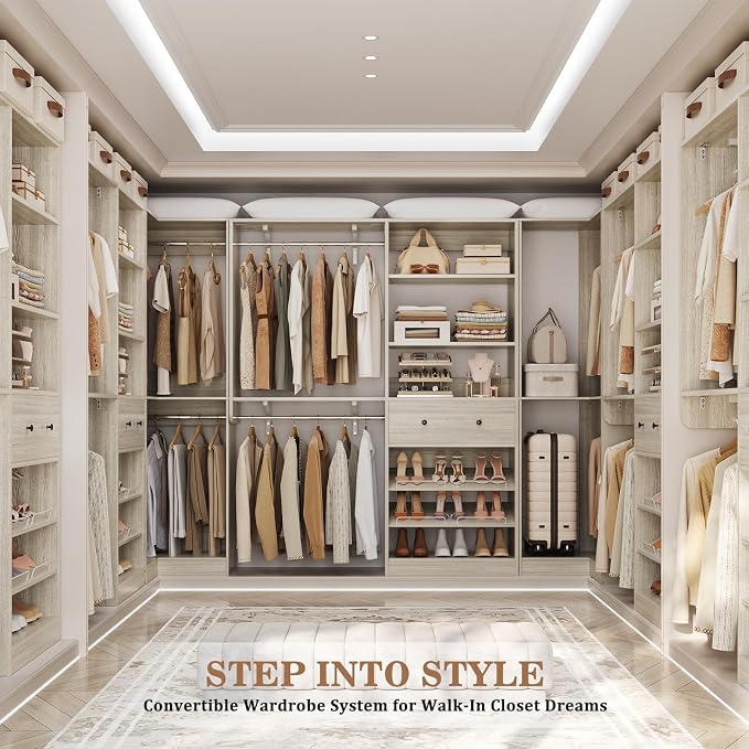 Armocity Closet System Set of 2 - Corner Closet Organizer System with Drawer/9 Shelves/4 Hanging Rods, 91.3" L-Shaped Walk-In Wardrobe Organizer, 1800+ lbs Capacity, White Oak