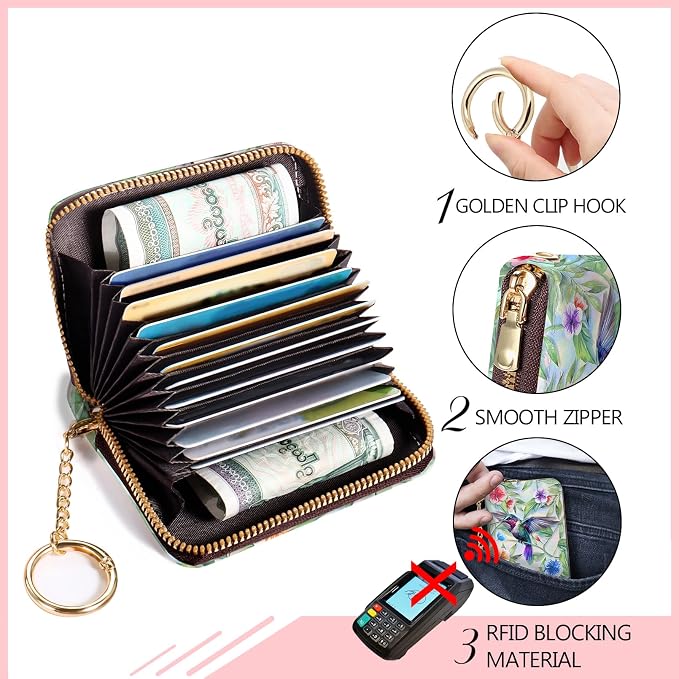 Blusabaca RFID Credit Card Holder Small Women Travel Wallet, Bird | Removable Keychain, Case with Zipper, Vegan PU Leather, Cash Coin Pocket, Business Accordion Purse, Ladies Female Gift