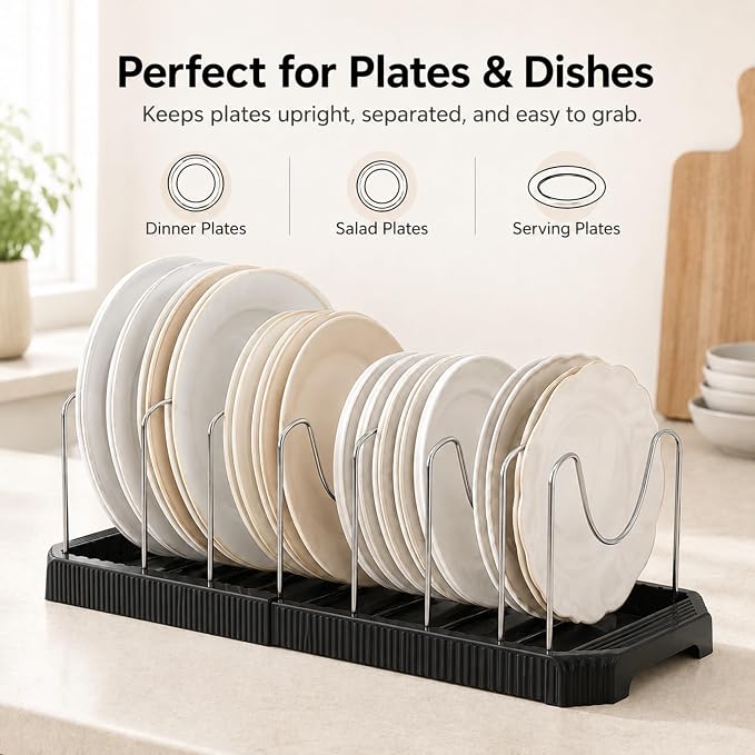 Pots and Pans Organizer Under Cabinet, Adjustable Pot and Pan Organizer Rack, 7 Stainless Steel Dividers, Pot Lid Organizer for Cabinet, Expandable Pan Organizer for Pots, Pans, Lids, Plates Black