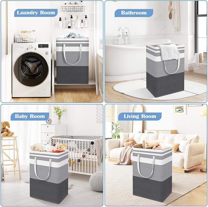 BlissTotes 3-Pack Laundry Basket, Freestanding＆Waterproof Laundry Hamper, Collapsible Tall Clothes Hamper with Easy Carry Handles for Clothes, Towels in the Family and Dorm,Gradient Grey,88L