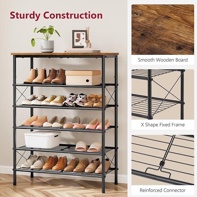 Tajsoon 6 Tier Shoe Rack Organizer for 20-24 Pairs of Shoes, Metal Mesh Shoe Shelf for Closet, Industrial Shoe Rack for Entryway Shoe Storage with X Shape Fixed Frame, Rustic Brown & Black
