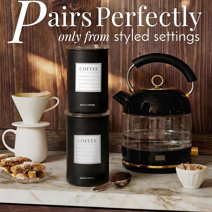 STYLED SETTINGS Coffee Bean Storage Container Set, 2-Piece, Black | Stainless Steel, BPA Free, Food Grade, Airtight, Vacuum Effect, Dual Lid