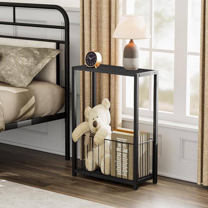 Homleke Narrow Side Table with Magazine Holder, Skinny End Table | Space-Saving Design, Small Spaces, Storage Shelf, Metal Frame, Easy Assembly, 7.1" D x 16.9" W x 23.6" H, Black