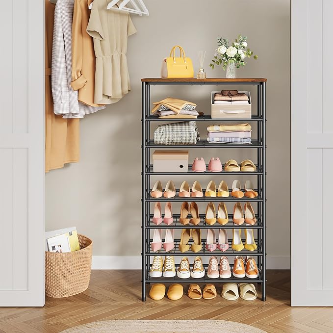 Tajsoon 8 Tier Shoe Rack Organizer for 28-32 Pairs of Shoes, Metal Mesh Shoe Shelf for Closet, Industrial Shoe Rack for Entryway Shoe Storage with X Shape Fixed Frame, Rustic Brown & Black