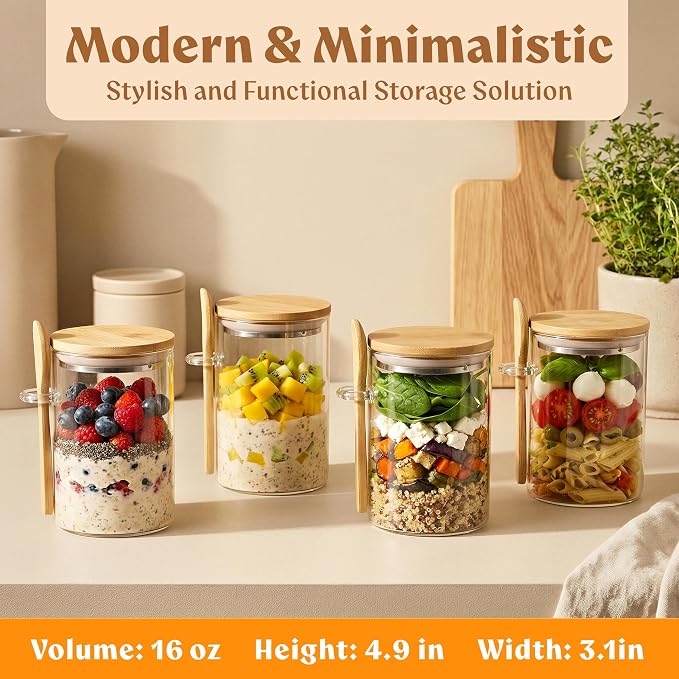 EDELHAUS Overnight Oats Glass Jars, Bamboo Lids, Spoons & Labels - 4x16oz | 4 Thick Glass Jars With Airtight Bamboo Lids, Matching Spoons and 24 Labels for Overnight Oats, Chia Pudding and Yogurt