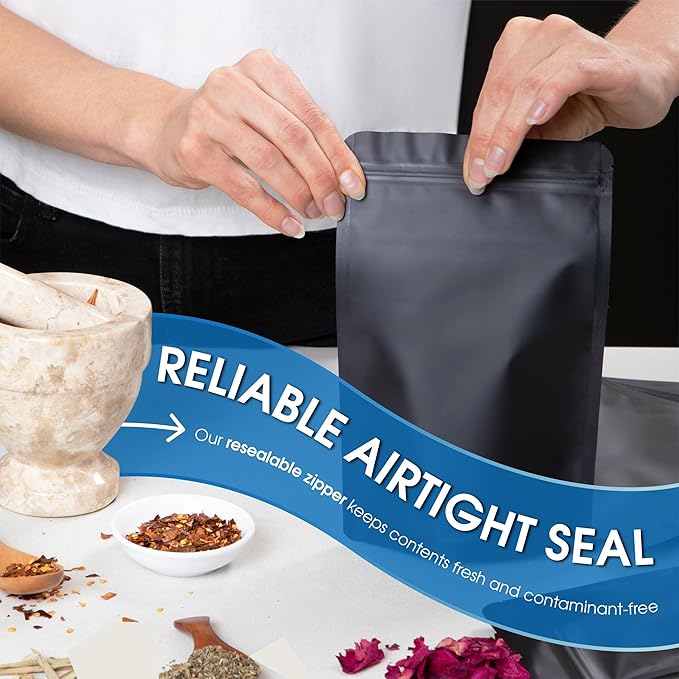 Spartan Industrial 3.5" X 5.5" Matte Black Stand-Up Mylar Bags - 100 Count Small Smell-Proof Bags With Heat Sealable Opening and Resealable Zipper