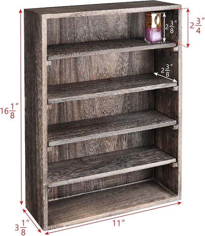 Ikee Design Wooden Wall-Mounted Display Shelves Rack for Collectibles-Figures,Shot Glasses,Spice Can,Cosmetics or Perfume-5 Adjustable Height Shelves,Space-Saving,Coffee Color