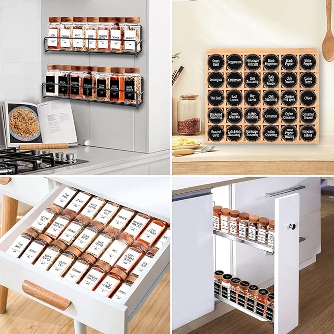 Churboro 48 Pack 4oz Glass Spice Jars with 547 Labels, Acacia Wood Lids | Empty Square Spice Bottles with Acacia Wood lids, Labels, Funnel & Chalk Pen. Keep Seasoning Containers Neat and Organized