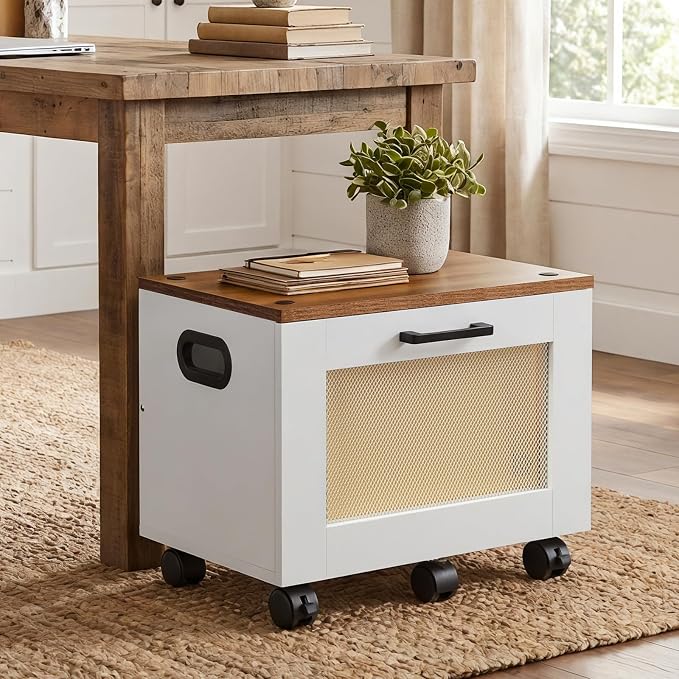 HOOBRO File Cabinet, Rolling File Cart, Under Desk Small Filing Cabinet, File Organizer Box, Home Office File Basket with Drawer for A4, Letter Files, White and Walnut WH11WJ01G1