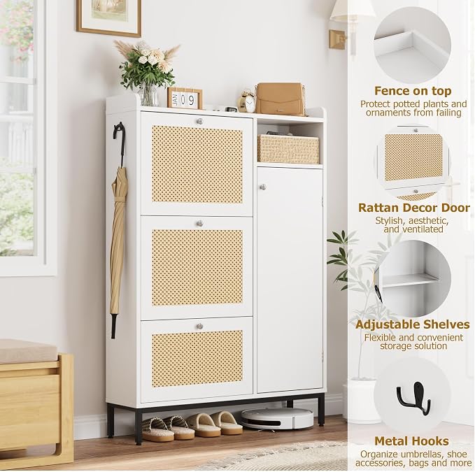 Garvee Shoe Cabinet with 3 Flip Drawers, Freestanding Shoe Organizer with 4-Tier Shoe Storage Cabinet and Adjustable Shelf & Rattan Doors,Narrow Shoe Rack Cabinet for Entryway, Closet, Hallway