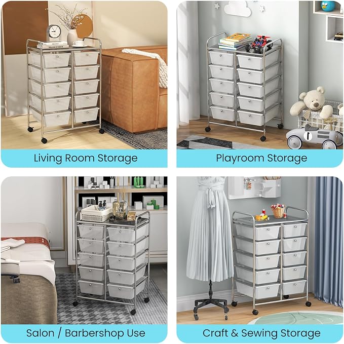 Moccha 10-Drawer Rolling Storage Cart - Under Desk Storage Drawers with wheels for Craft Art Supply Paper Salon, Scrapbook Paper Tools, Mobile Utility Cart for Classroom, Clear