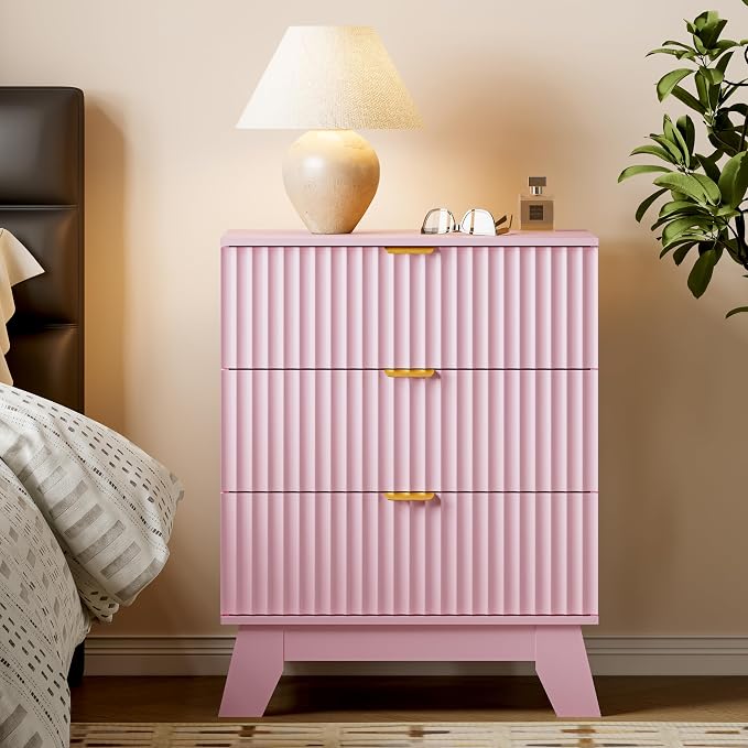 BORNOON Fluted 3 Drawer Dresser, 30.3" Tall Compact Modern Boho Chest of Drawers, Wooden Storage Cabinet for Bedroom, Living Room, Entryway, Curved Profile Design