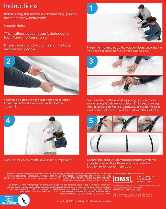 Hefty Shrink-Pak Mattress Bags for Moving – Full/Queen Size | Heavy Duty & Water Resistant Vacuum Compression Mattress Bag, Storage Protection Mattress Cover for Moving