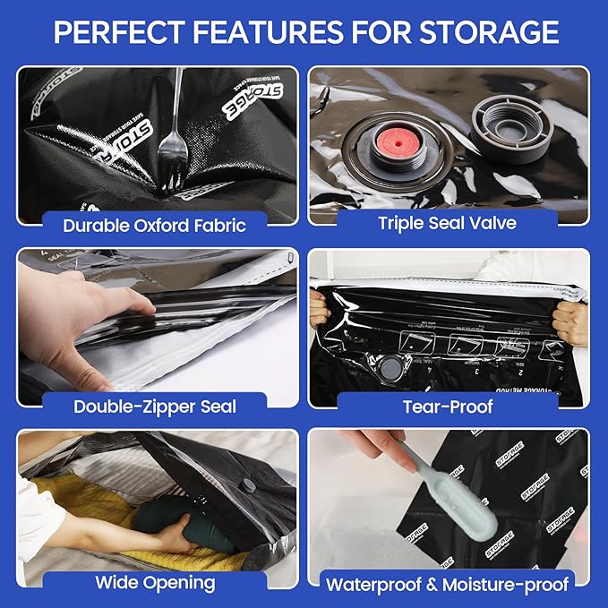 Extra Large Vacuum Storage Bags with Electric Pump, 6 Pack Vacuum Seal Bags for Clothing, Bedding, Pillow, Comforters, Blankets, Compression Bags Includes Portable Pump for Home Organization Storage