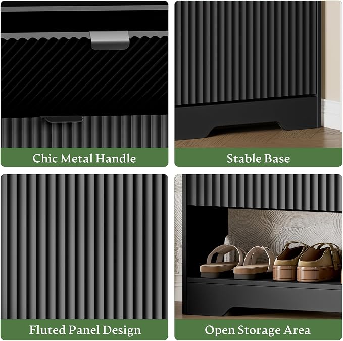 Xixini Shoe Storage Cabinet for Entryway with 2 Flip Drawers, Hidden Slim Wood Shoe Organizer with Modern Fluted Panel, Freestanding Narrow Shoe Rack for Front Door Entrance, Hallway, Foyer, Black