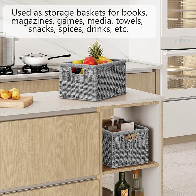 Vagusicc 2 Packs Large Wicker Storage Basket, Closet Storage Baskets Bins for Shelves, Decorative Collapsible Baskets for Organizing Clothes Toy Nursery Bathroom Organizers and Storage, Grey
